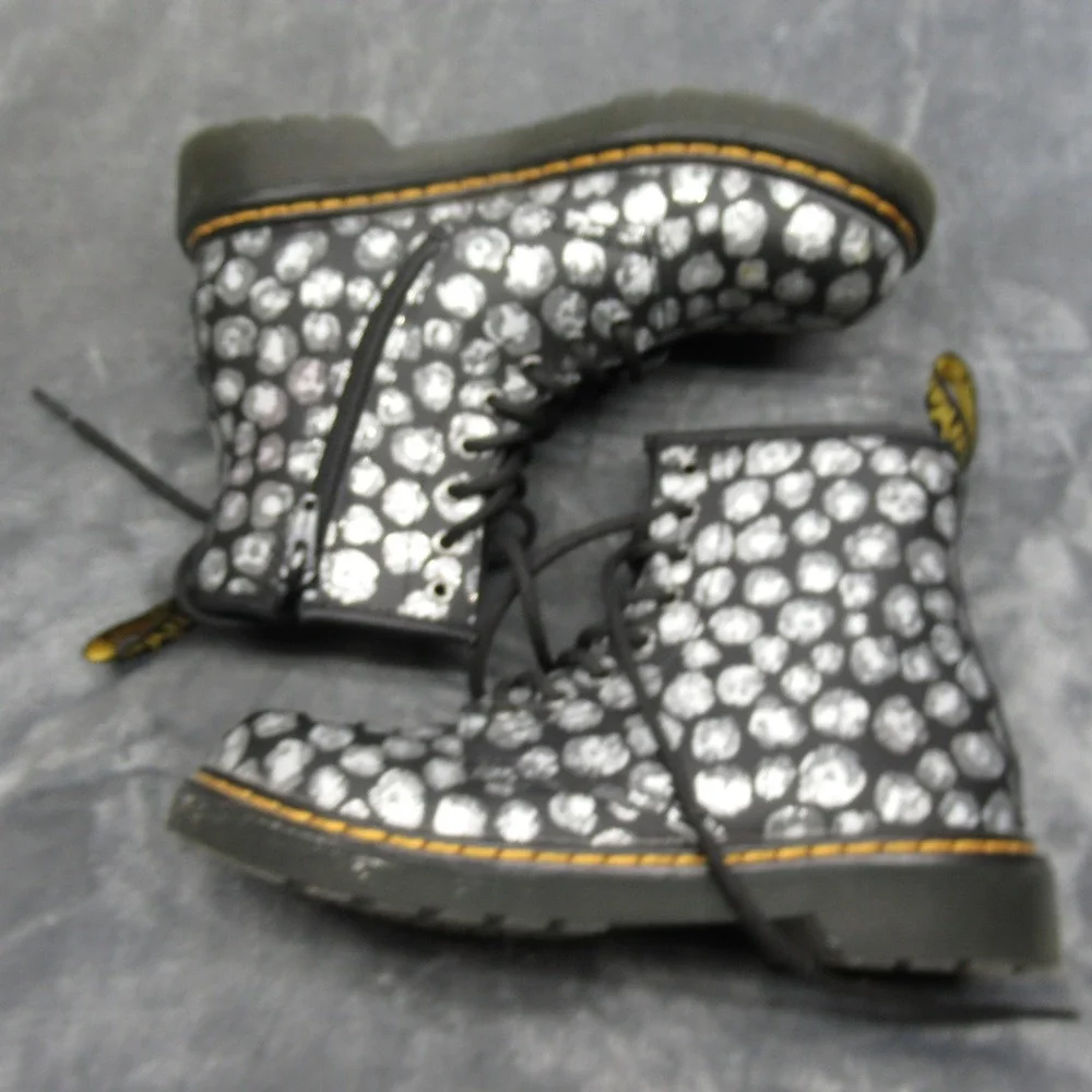 Dr. Martens Boots Youth 2 Silver Metallic Leopard Print Leather Side Zip Lace-Up